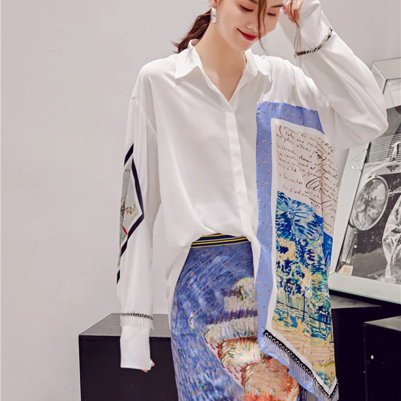  [EAM] 2020 New Autumn Winter Lapel Long Sleeve White Irregular Pattern Printed Big Size Shirt Women