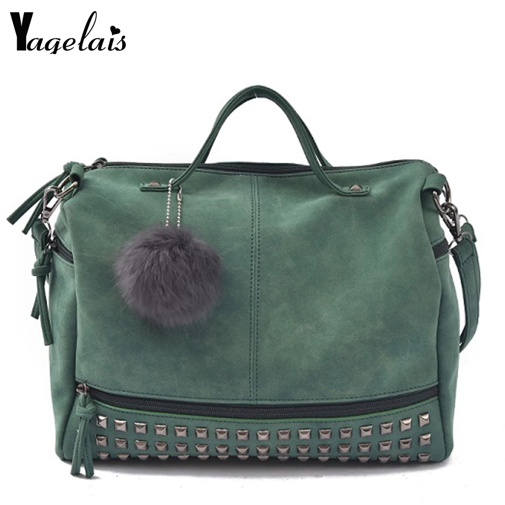 Women Faux Suede Zipper Closer Solid Leather Casual Handbags Rivet