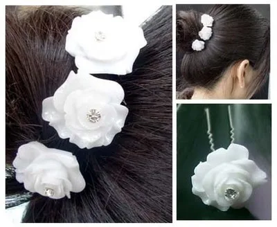 

FASHION 100PCS WEDDING BRIDAL WHITE ROSE CRYSTAL HAIR PINS PROM NEW