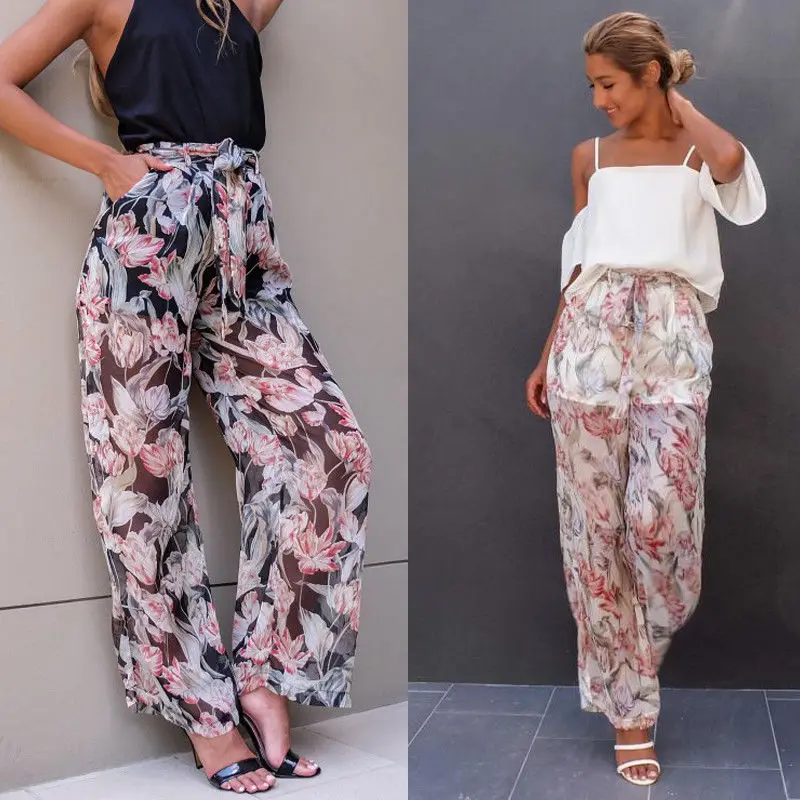 

WomenTie Waist Floral Print Chiffon Wide Leg Palazzo Pants Sumemr Women Casual Loose Pockets Front Bottom Wear Resistant Sun