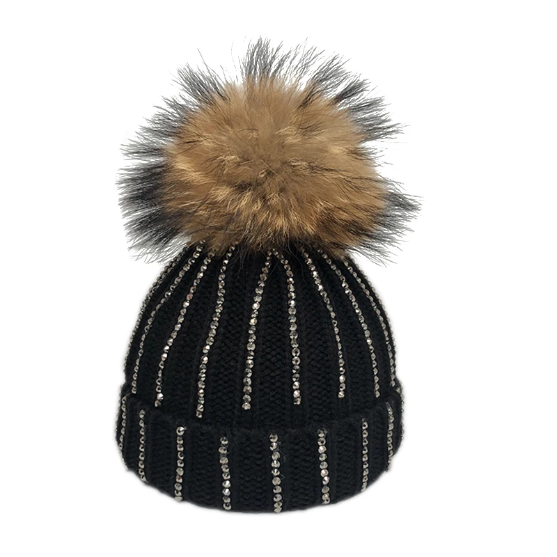 

2019 Fashion Glitter Rhinestone Beanie Hat Kids Winter Knitted Caps Boys Girls Cotton Skullies Beanies Big Fur Pompom Hats
