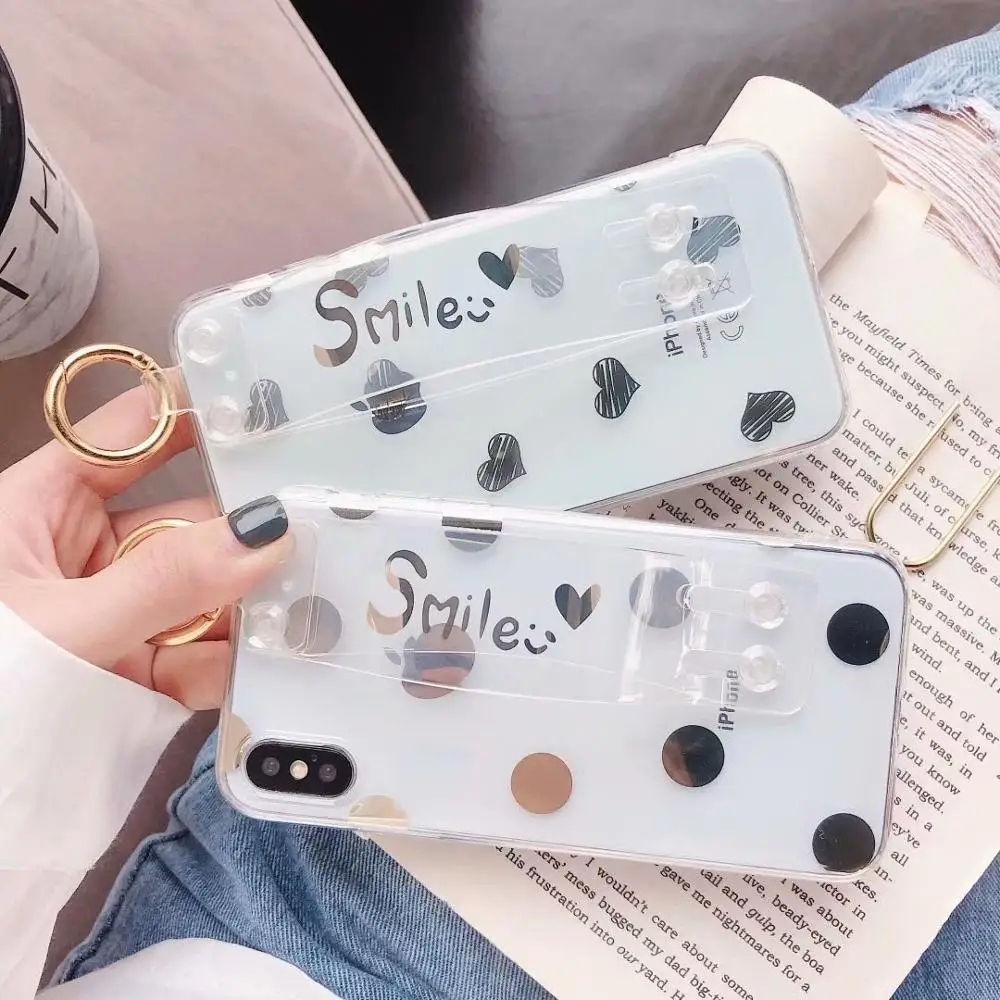

FastDeng Transparent soft TPU for iPhone 6 7 8 p case Cute love heart and dot pattern wrist bracket for iphone X XR XS Max case