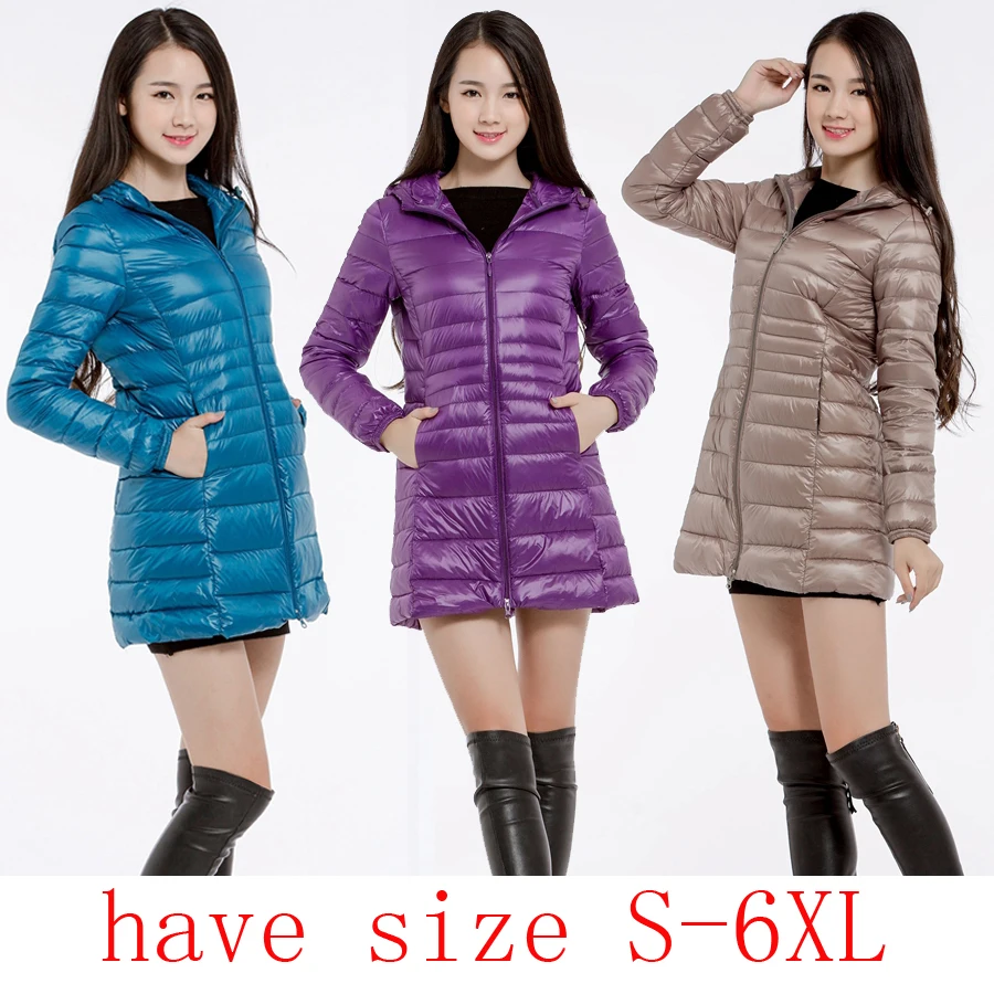 Женский ультра-светильник, куртка с капюшоном, женская зимняя куртка, тонкая парка с длинным рукавом, на молнии, длинное пальто размера плюс 6XL