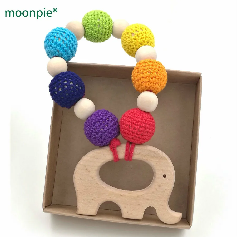 2pcs Organic Wood Beads Infant Teether Nursing Toy with Ring Bird Pendant