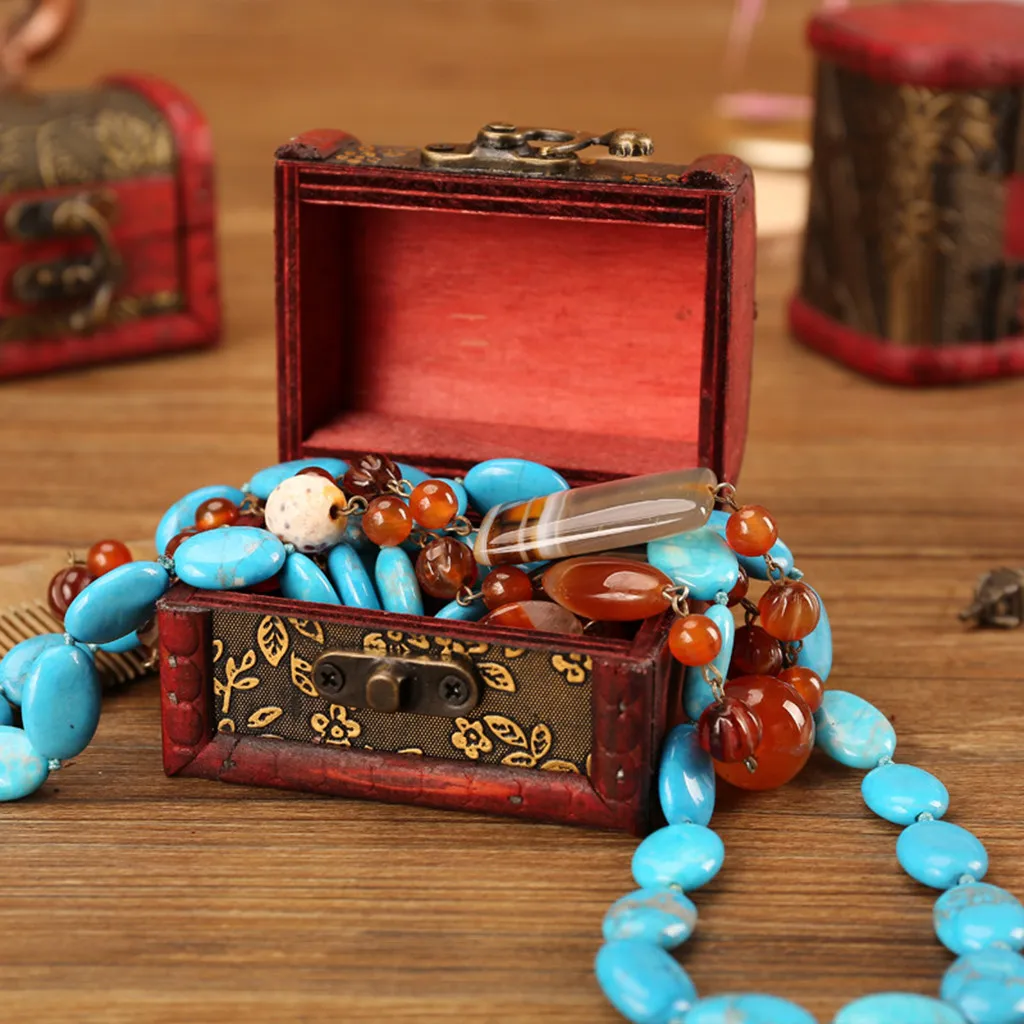 

Jewelry Box Vintage Wood Handmade Box Jewelry Box Protable Metal Lock Earrings Ring Multi-function Jewelry Storage Box