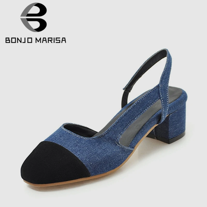 

BONJOMARISA 2020 New Summer Fashion Blue Patchwork Denim Sandals Women Plus Size 32-45 Elegant Women Shoes Woman Med Heels
