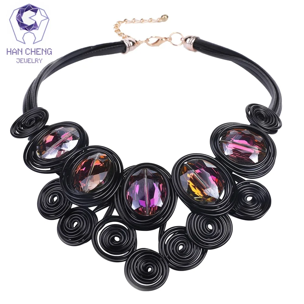 

HanCheng New Fashion Handmade Rope Leather Short Choker Necklaces Discolor Crystal Women Necklaces Statement jewelry collar
