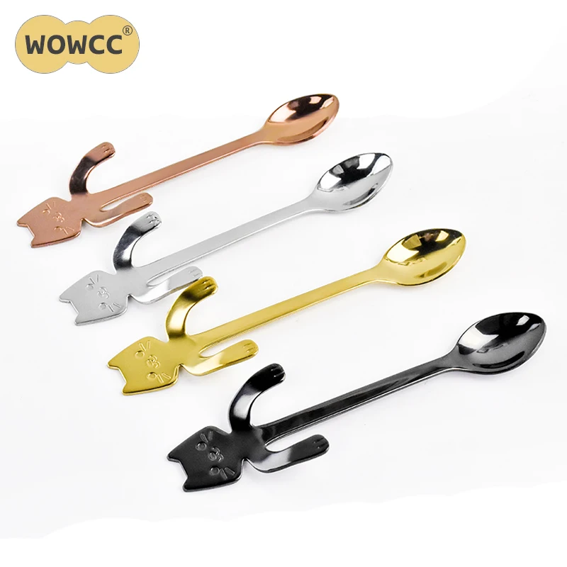 

WOWCC Creative Flatware Mini Cat Long Handle Coffee&Tea Spoon Drinking Tools Stainless Steel Kitchen Gadget Tableware