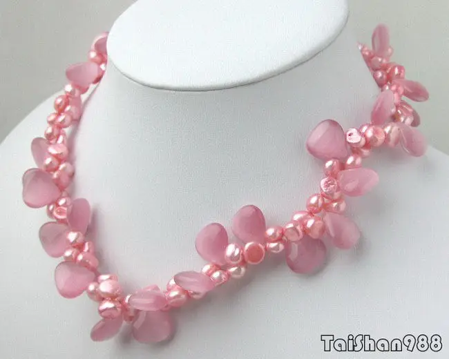 

Hot sale Real Pink Pearl Opal Heart Pendant 18KWGP Clasp 18" necklace