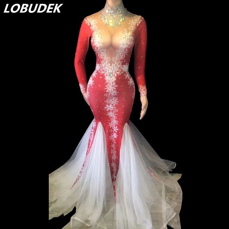 Для женщин Красный 3D печатных Стразы платье со шлейфом Сияющие кристаллы белое Сетчатое длинное платье для праздника вечерние Одежда для сцены для певца, танцора костюм
