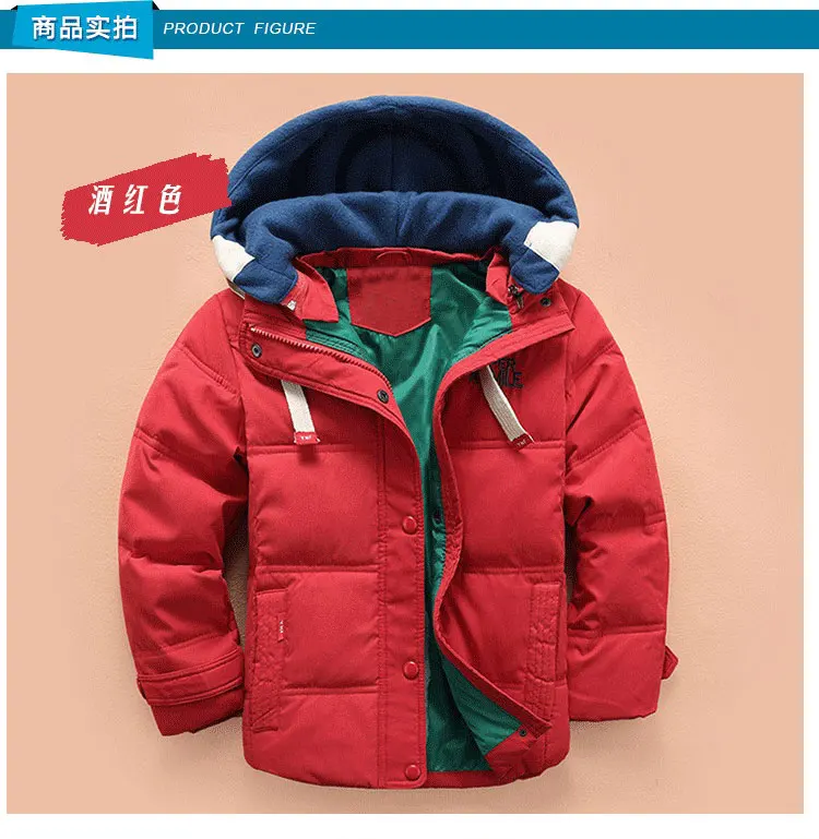 children Down& Parkas 6-15 T winter kids outerwear boys casual warm hooded jacket for boys solid boys warm coats - Color: Watermelon red