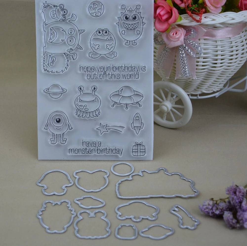 Birthday Monsters Transparent Clear Stamp And Metal Cutting Die For Diy Scrapbooking Card Making Photo Album Decoration Clear Stamps Clear Transparent Stampsstamp Stamp Aliexpress