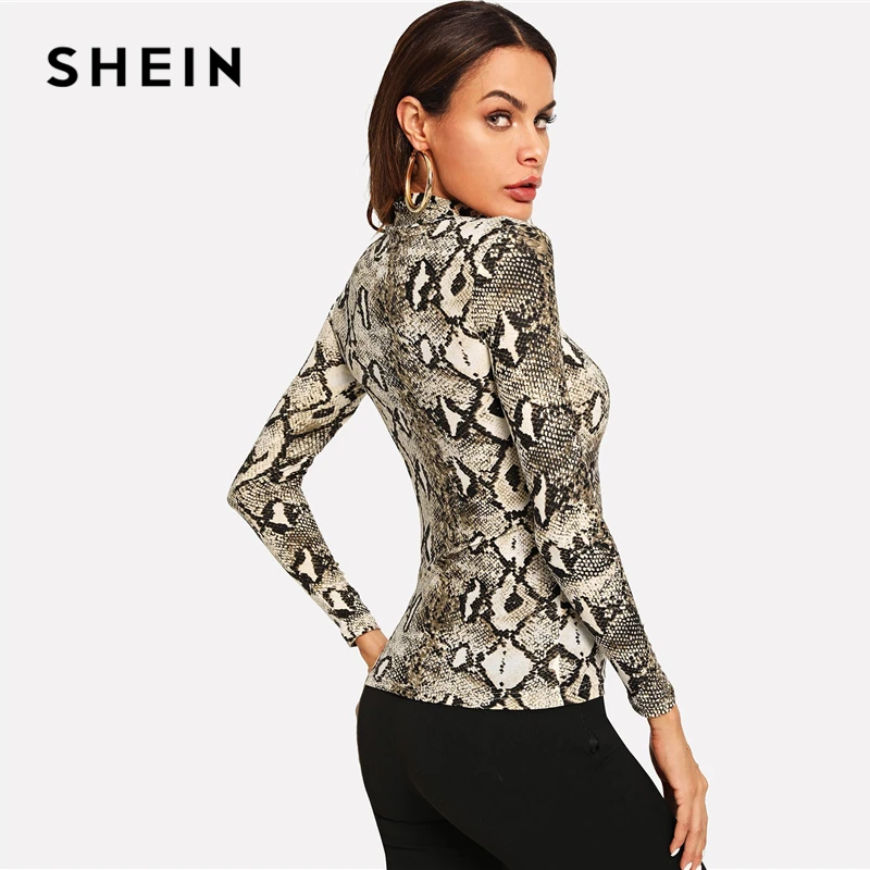 SHEIN متعدد الألوان أنيقة مكتب سيدة عالية الرقبة جلد الثعبان طباعة نحيل طويل الأكمام المحملة الخريف سترات المرأة التي شيرت و أعلى
