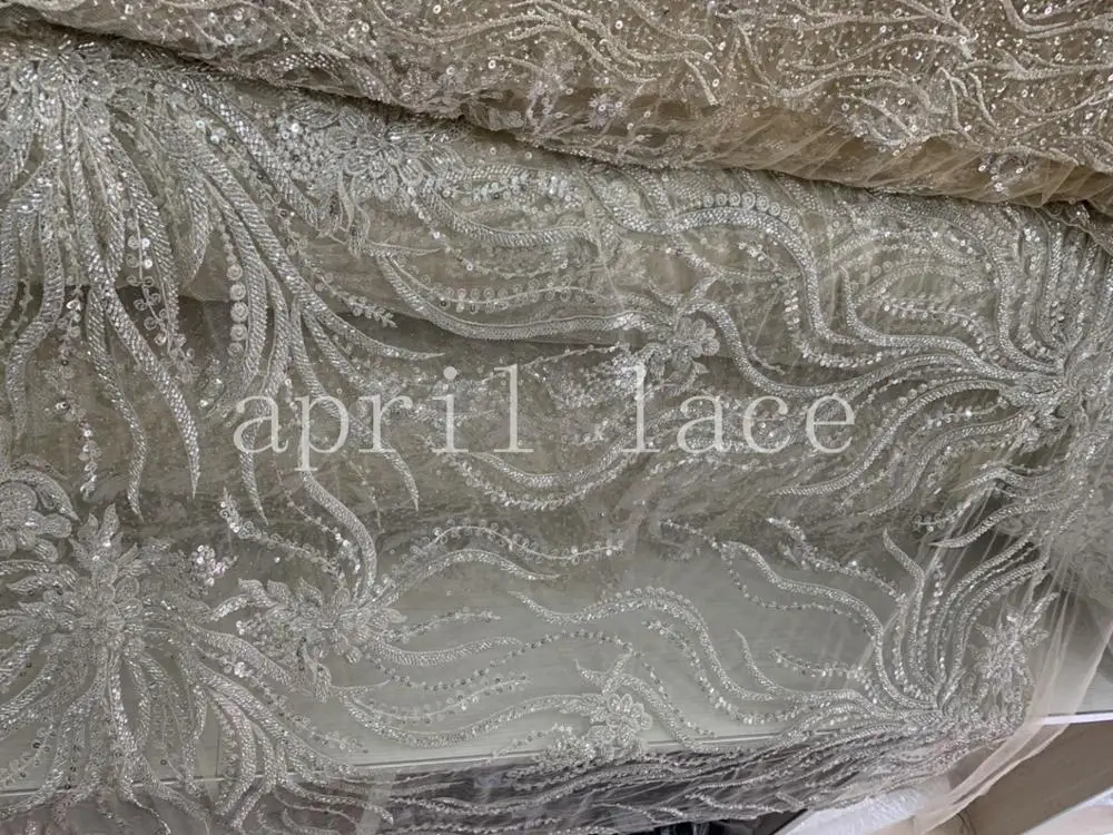 

lx002 5yards/lot new 2020 beige mesh mix color sequin bead wedding embroidery tulle mesh lace fabric for sawing bridal dress