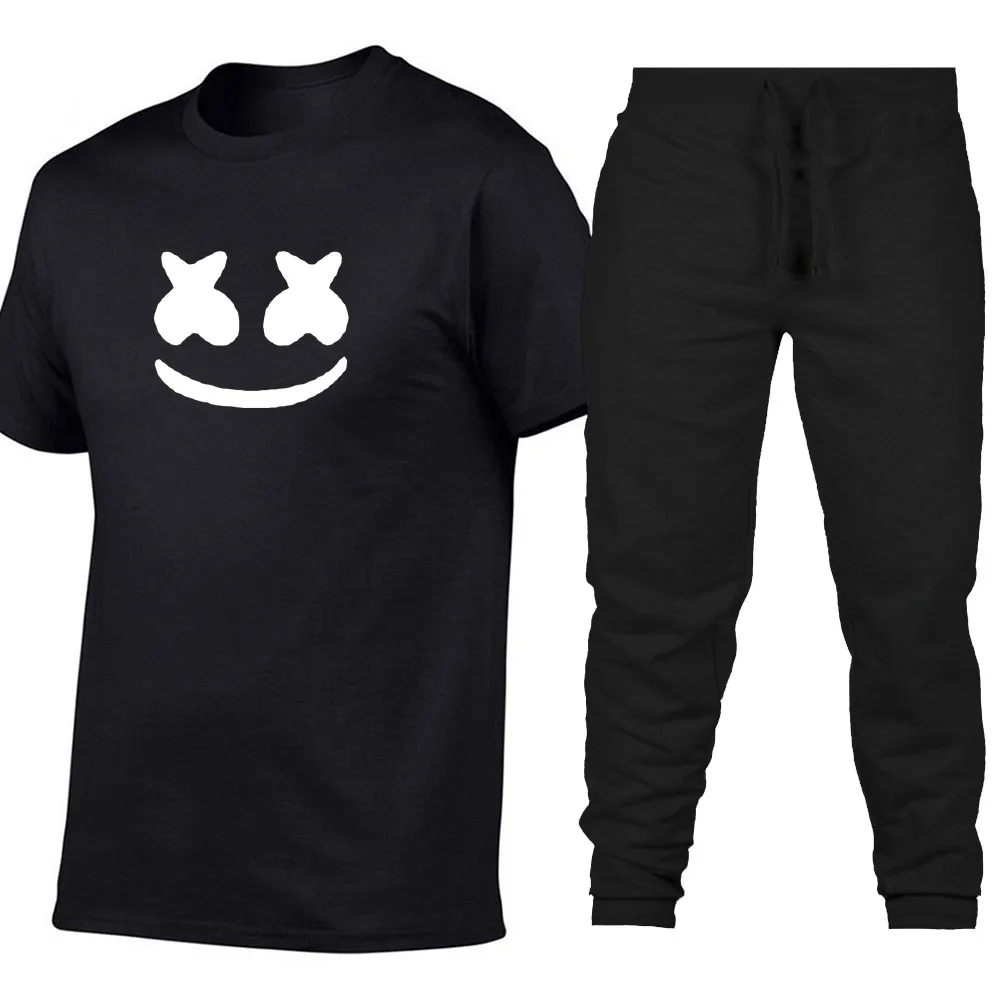 

Smile Cartoon Print Fashion Men's Sets T Shirts+pants Two Pieces Sets Casual Tracksuit Male Female Tshirt Gyms Fitness trousers