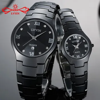 Картинка Lvyin Керамика пару часов марки роскошный черный Lover Для женщин Для мужчин Relojes Hombre с коробкой Кварцевый Календарь платье часы LY011