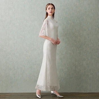 

Simple High Neck Beading Lace Vestidos De Novia Boda Pearls Split Mermaid Wedding Dresses Half Sleeve Ankle Length Bridal Gowns