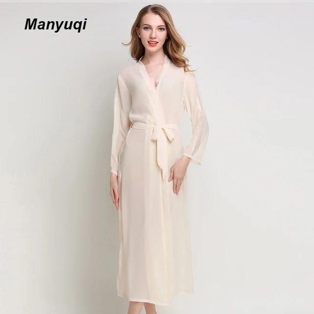 Summer chiffon women's lace robe transparent thin long dressing gown