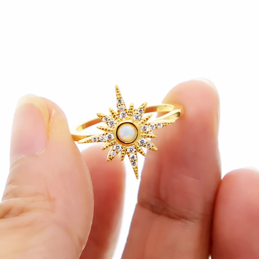 new design Valentine gift sun burst north star charm rings pave clear cz opal delicate minimal fashion women lady jewelry