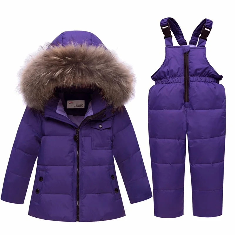Детские лыжные комплекты с меховым капюшоном для мальчиков и девочек пуховик теплый детский зимний комбинезон Зимняя одежда верхняя одежда пальто для мальчиков для девочек лыжный костюм