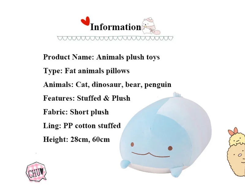 1pcs 28cm 60cm Cute Animals Cat Dinosaur Plush Toys Soft Cartoon Corner Creature Bear Penguin Stuffed Pillows for Children Gifts (2)