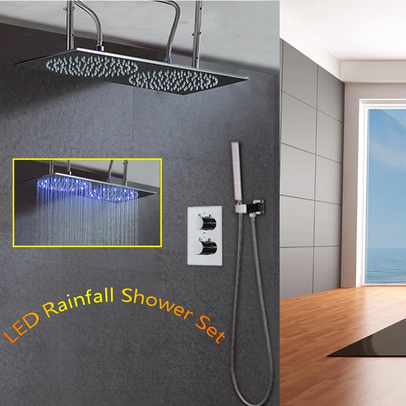 Европейский светодиодный душевой набор для ванной комнаты, термостатический смеситель для душа, кран, светодиодный ящик, 2 способа, большая Душевая насадка, ручной спрей
