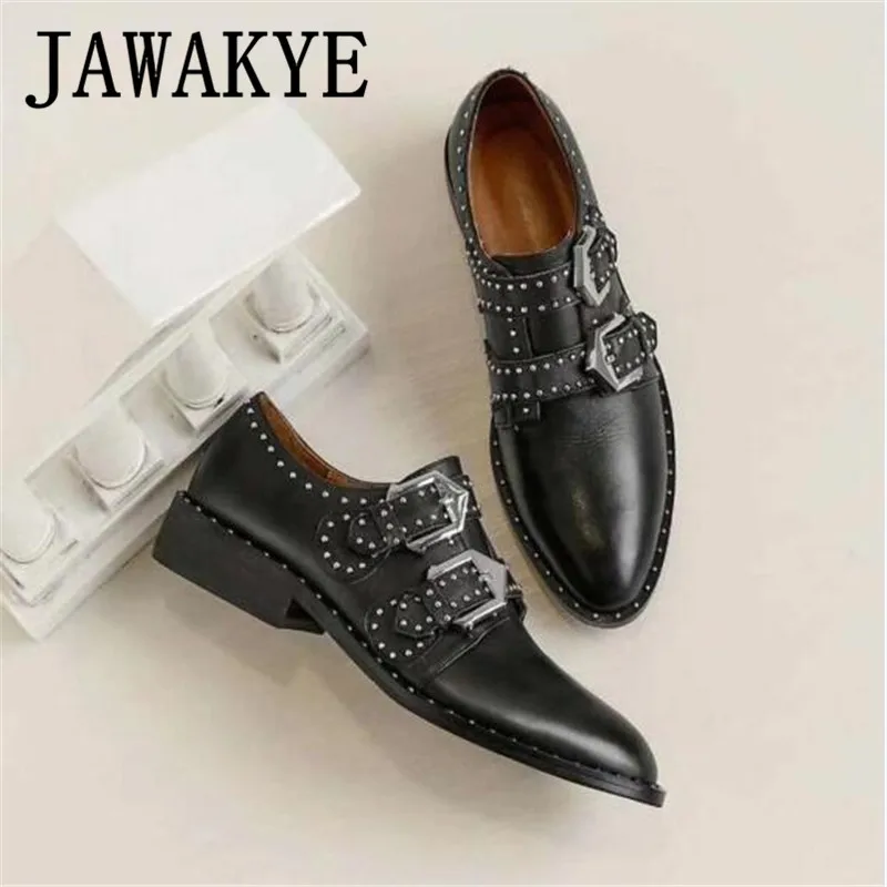 

2019 buckled strap Ankle Boots women round toe genuine leather rivets shoes woman handsome flat heel martin shoes botas mujer