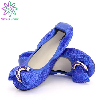 

Elegant Royal Blue Bridal Flat Shoes With Shiny Crystal Applique Women Summer Boat Shoes Not Matching Bag African Famous Design