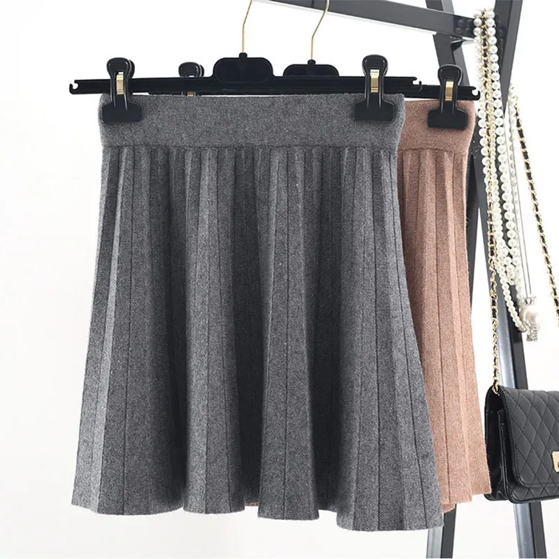

High Waist Elastic Wome's Pleated Skirt 2019 Spring Winter Knitted Warm Skirts Solid Black Khaki Gray Female Sexy Mini Skirts