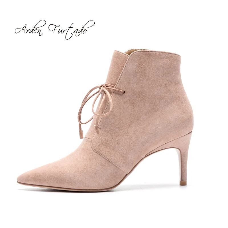 

Arden Furtado 2018 summer high heels 7cm stilettos genuine suede lace up fashion ankle boots pointed toe size 33 matin boots new