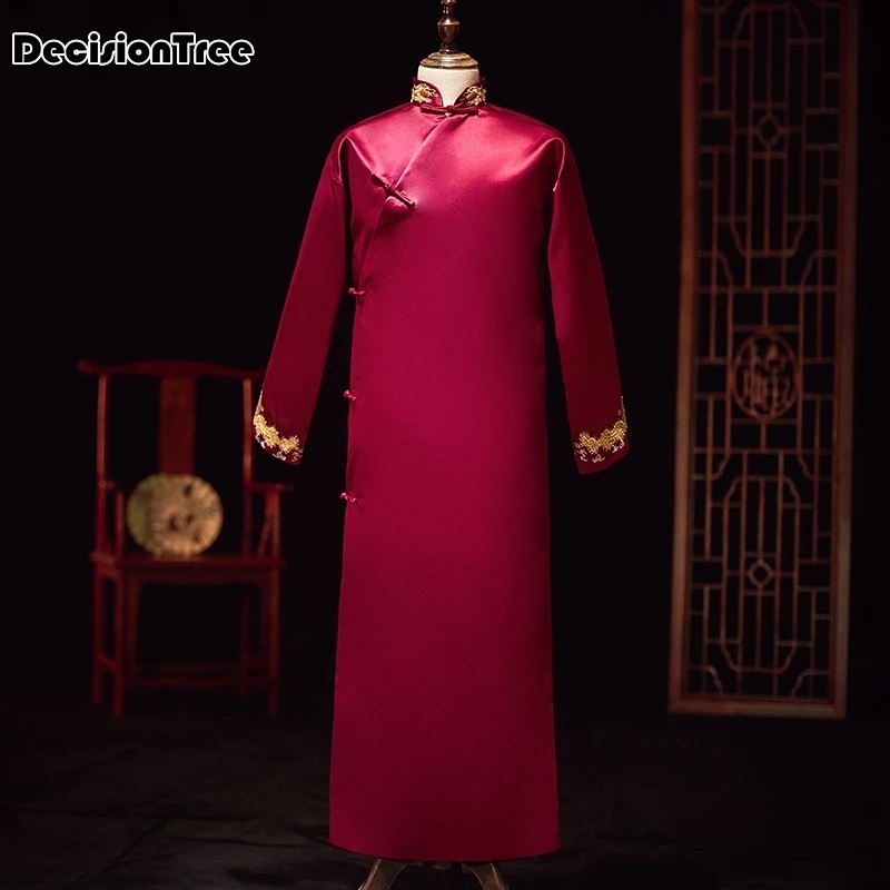 Красный двусторонний Китайский Мужской Атласный шелковый халат с вышивкой кимоно банное платье dragon one