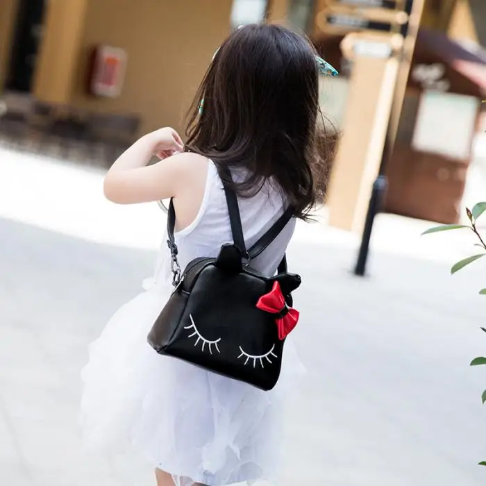 New Sweet Girl Shoulder Bag PU Leather Zipper Cute Cat Bow Handbag Kids Casual Bags WML99