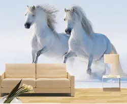 Пользовательские 3d росписи, два белых лошадей Бег в снегу Papel де Parede, отель Ресторан гостиная диван ТВ стены спальне обои