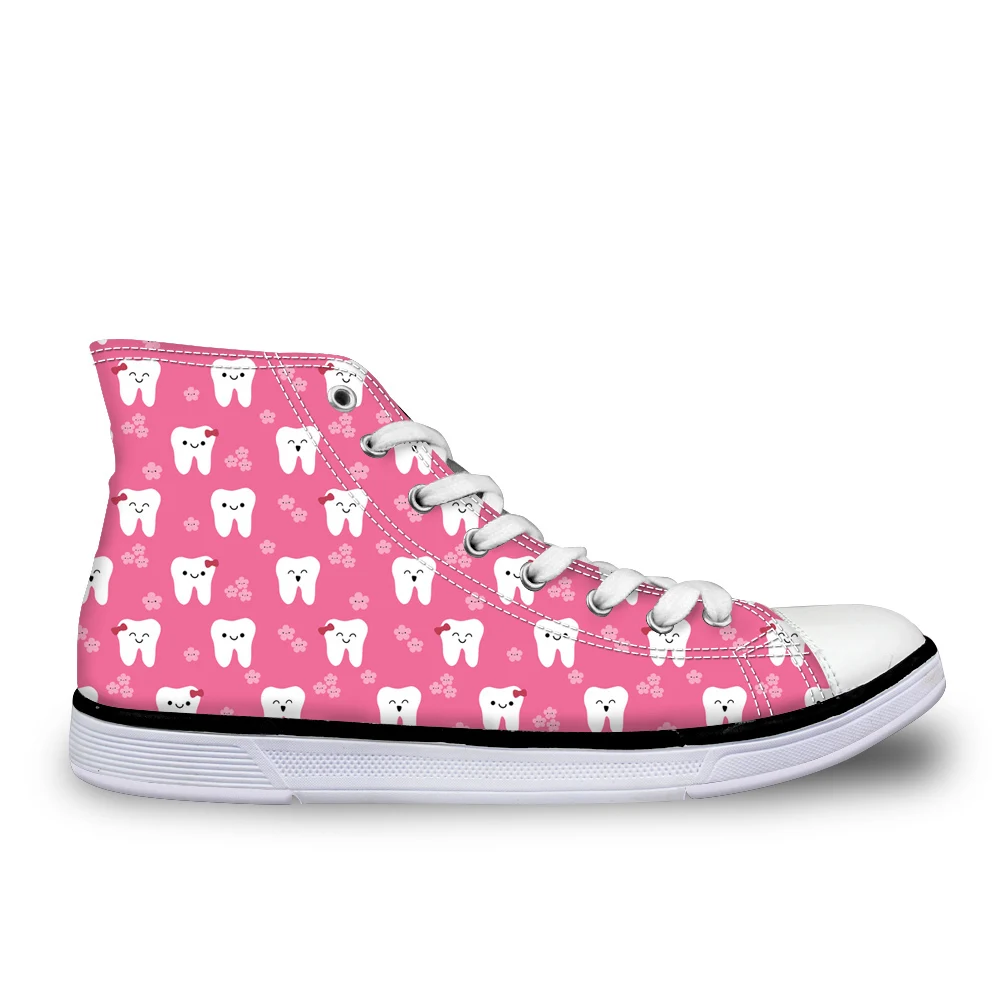 

Customized Dentista Zapatos Mujer Pink Women Vulcanize Shoes Cute Dentist Pattern High Top Ladies Canvas Casual Sneakers Woman