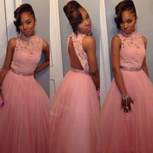 2016 rosa Ballkleid Mädchen Prom Kleider High Neck Backless Mit Spitze Applique Abschlussfeier Kleid Tüll Lange Abendkleid