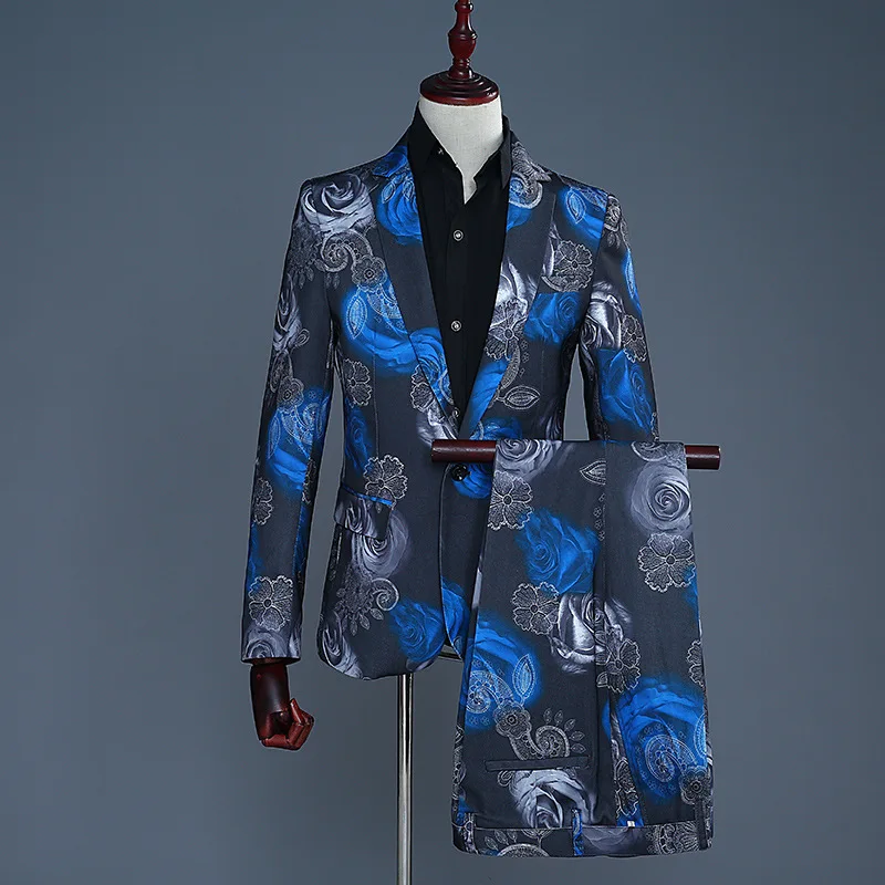 

2019 men party rose printed the groom's best man suit dress suit performance male MC Host studio theme suit Two pieces of