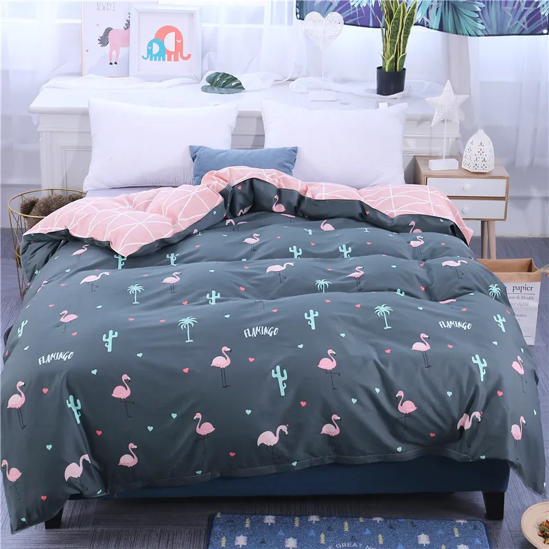 

Cotton duvet cover twin full queen size Flamingos cartoon red plaid gray quilt case red duvet covers super kingsize #/L