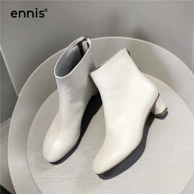 

ENNIS 2019 Aututumn Winter Boots Genuine Leather Ankle Boots Women Med Heels Shoes Fashion Booties Round Toe Black Beige A990