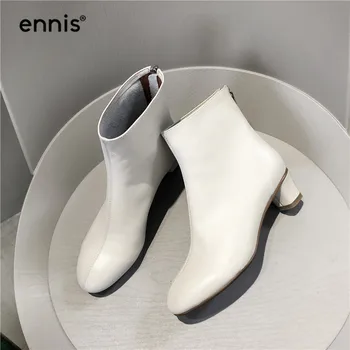 

ENNIS 2019 Aututumn Winter Boots Genuine Leather Ankle Boots Women Med Heels Shoes Fashion Booties Round Toe Black Beige A990
