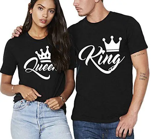 

New King Queen Letter Print Short Sleeve T-Shirt Valentine Women White Black Family Top Tee Couple Shirt Femme Loves T shirt