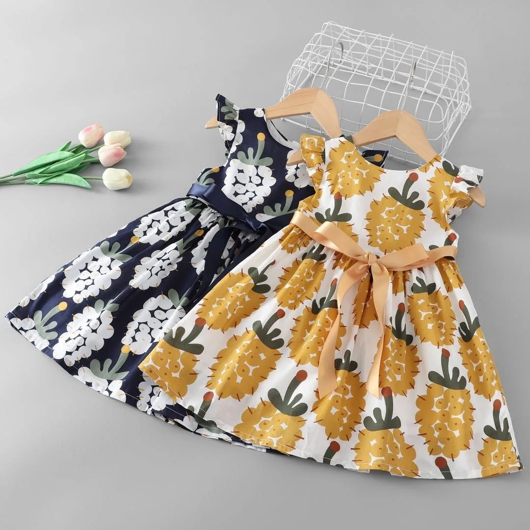 2019 Summer New Children's Pineapple Printing Dress Flutter Sleeve Wholesale Girls Dresses with Sashes | Детская одежда и