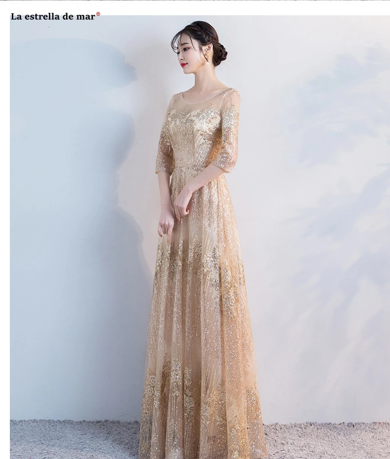 Vestido de madrinha de casamento longo новый кружева блестки Половина рукава линия Золотой bridsmaid платья красивые