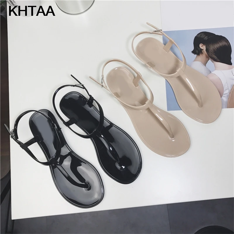 KHTAA Women T Strap Flat Ankle Buckle Thong Sandals Female Gladiator Flip Flops Summer Beach Casual Fashion Vintage Shoes Jelly new bohemian women sandal flat heel sandalias thong flip flops sapatos rhinestones chains thong gladiator casual sandals fashion