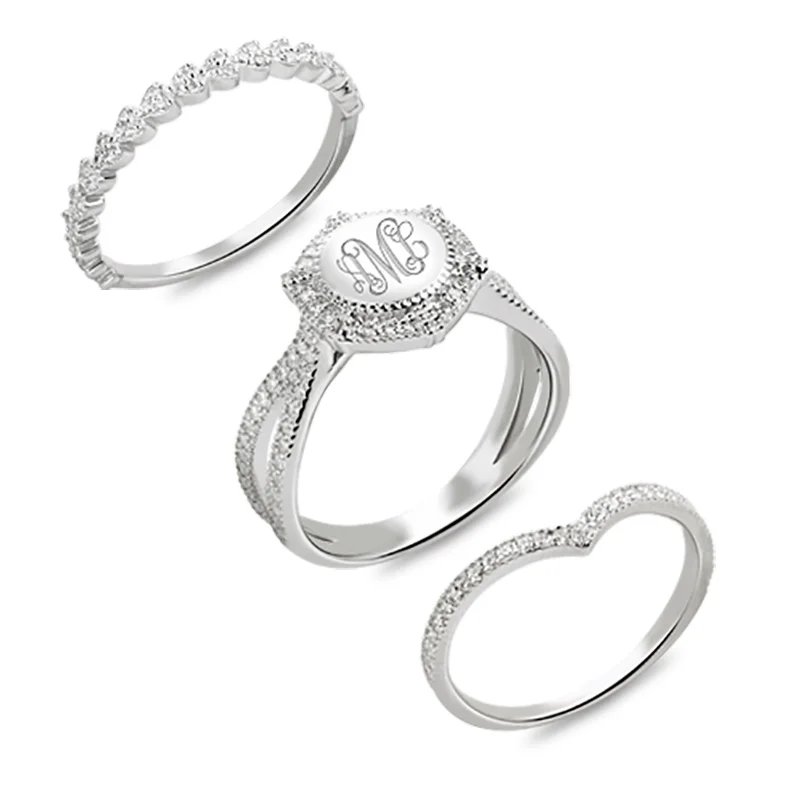AILIN Custom Monogram Ring Engraved Stackable Ring With Cubic Zirconia Sterling Silver Wedding Rings AILIN Custom Monogram Ring Engraved Stackable Ring With Cubic Zirconia Sterling Silver Wedding Rings