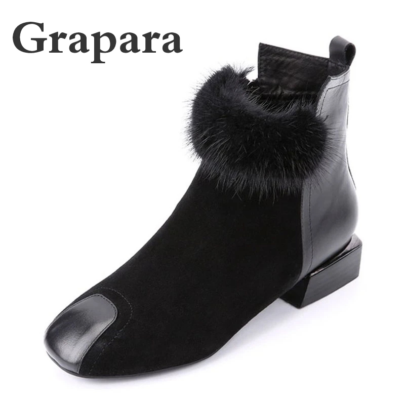 

New Solid Black Flock Ankle Boots Women Shoes Woman Short Plush Women Boots Fashion Low Heels Winter Boots Botas Mujer Grapara