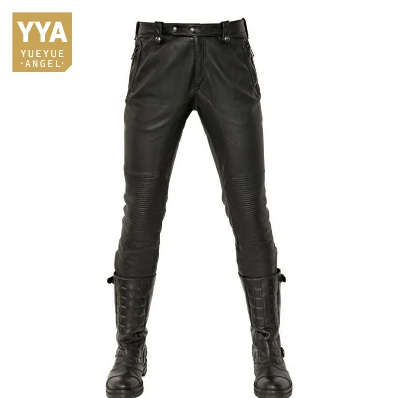 

Fashion Real Leather Pants Men 2019 New Winte Motorstyle Straight Full Length Masculina Trousers Punk Fleece Lining Pantalon Man