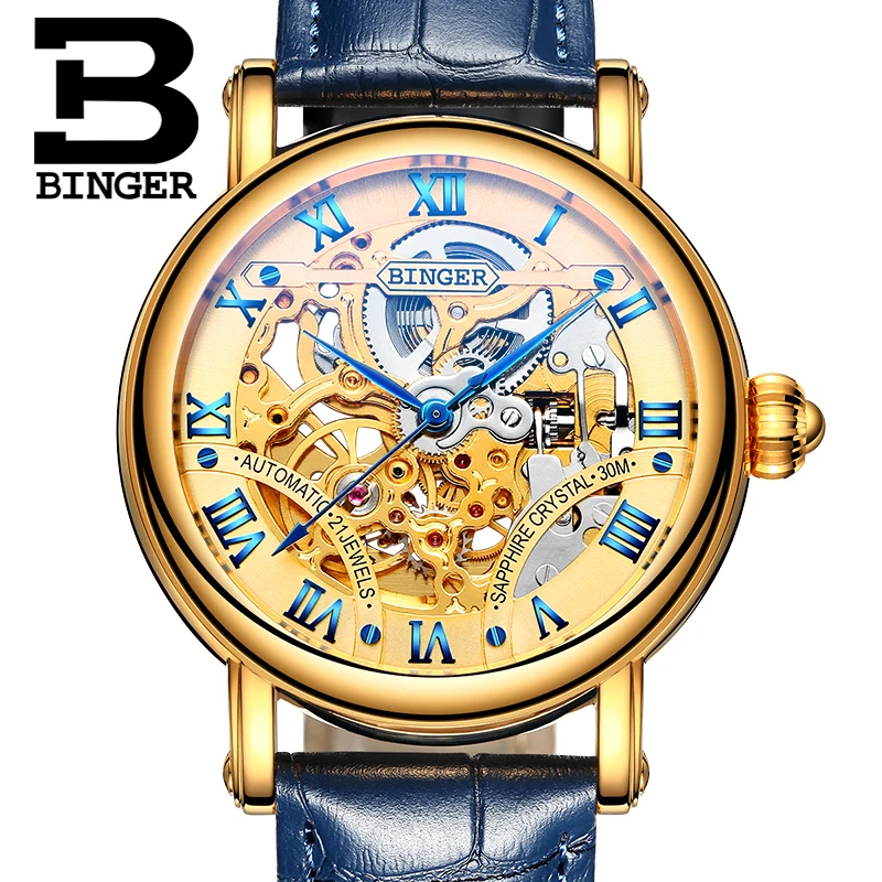 Бренд Бингер механические часы 2017 Синий кожаный ремешок с золотым циферблатом