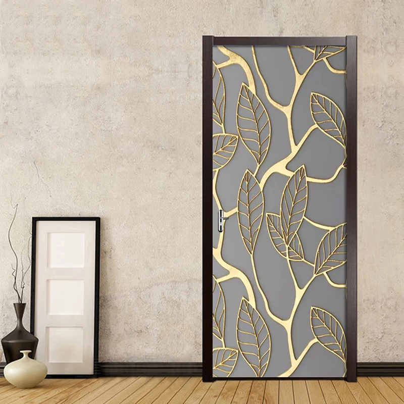 Creative 3D Golden Leaves Door Sticker DIY Home Decor Decal Self Adhesive Wallpaper Waterproof Mural For Bedroom Door Renovation