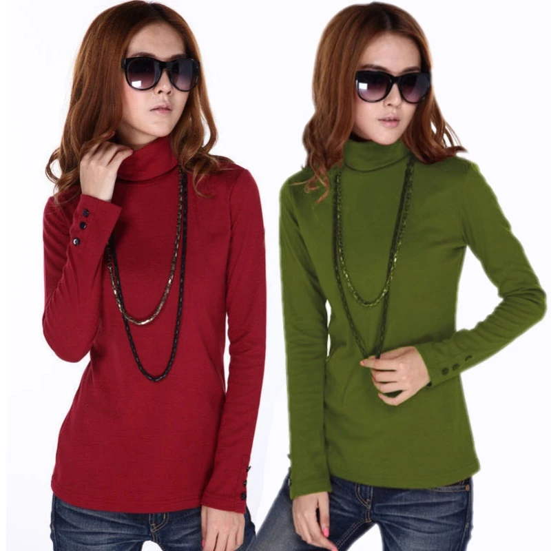 

Spring Autumn Women Turtleneck Basic Shirt Plus Size Winter Loose Long-Sleeve T-shirt Tops Solid Color M-4XL