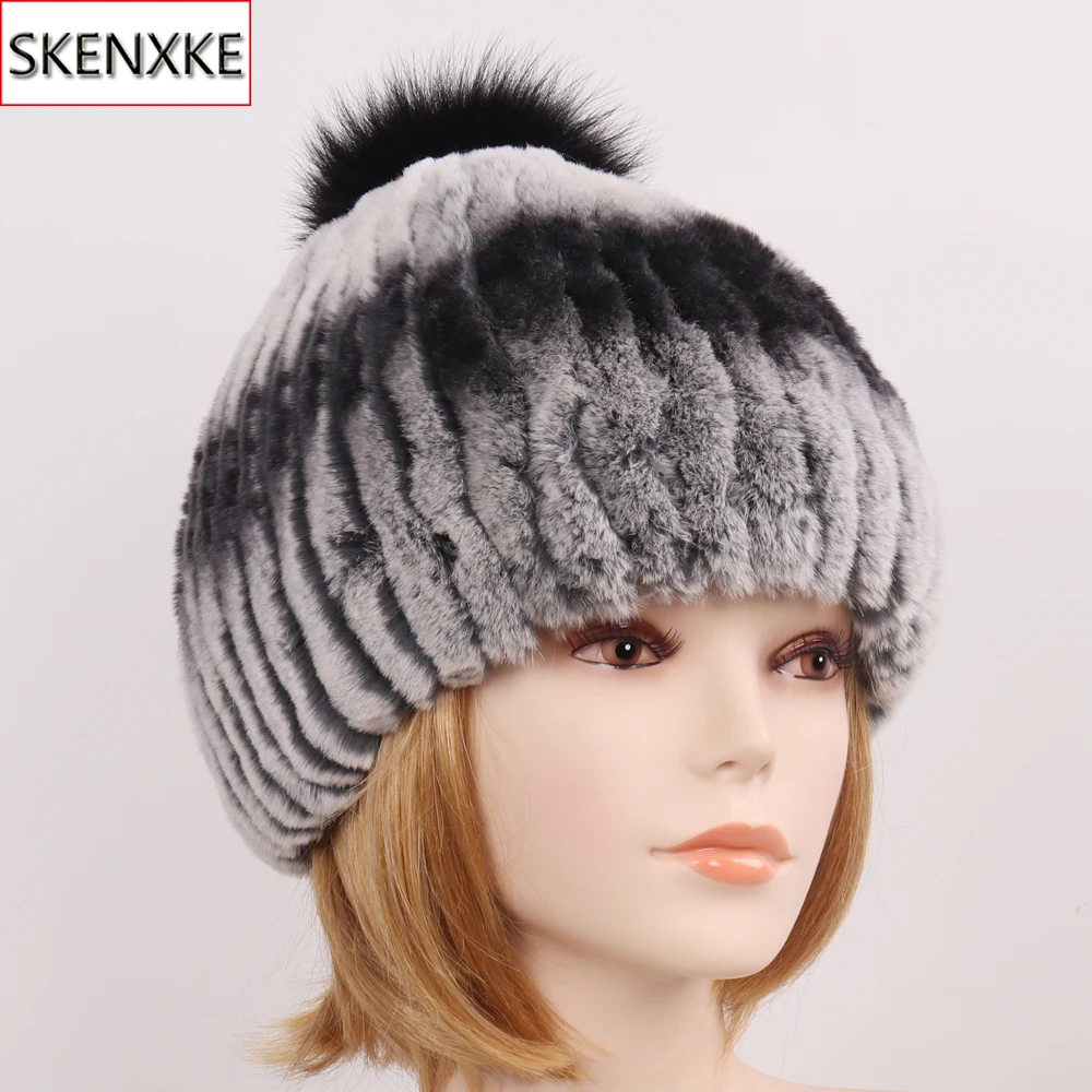Стиль, настоящий мех кролика, шапка с помпоны из лисьего меха, женские утепленные меховые шапки, зимние вязаные шапки с натуральным кроличьим мехом